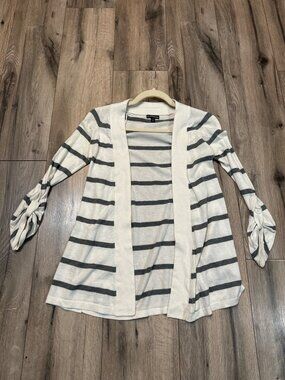 Express Womens XS Gray & White Striped Open Cardigan Ruched Sleeve Detail 100% C